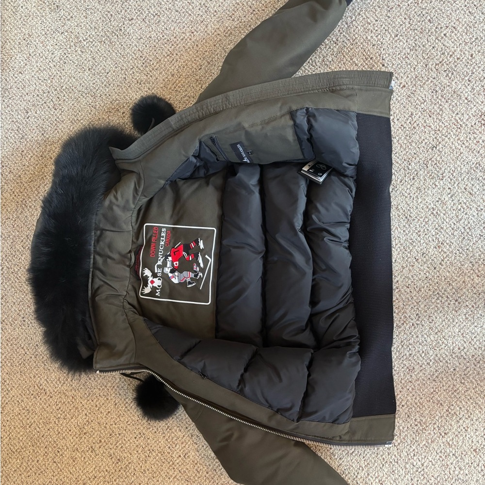 Moose Knuckles Olive Debbie Bomber Jacket with Black Fur Trim - Picture 3 of 6